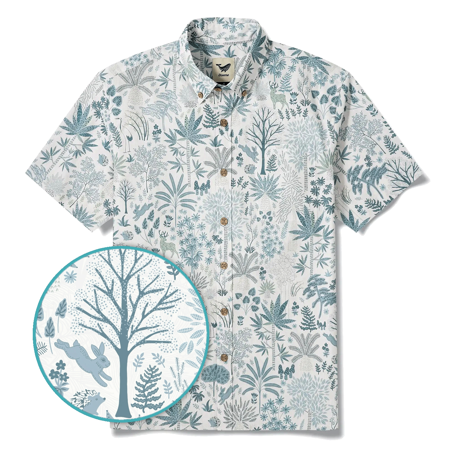 Men's Hawaiian Shirt Short Sleeve Button-down 100% Cotton Blue Aloha Whispering Forest Tales By Cigar