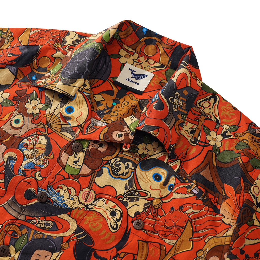 Men's Hawaiian Shirt Short Sleeve Camp Collar 100% Cotton Red Aloha Good Fortune Spirits By Zeke