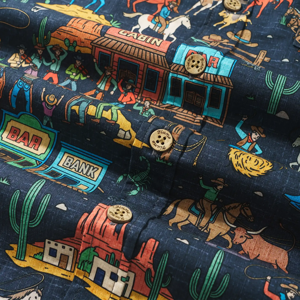 Men's Hawaiian Shirt Short Sleeve Button-down 100% Cotton Blue Aloha Vintage Denim Frontier Town By Huan huan