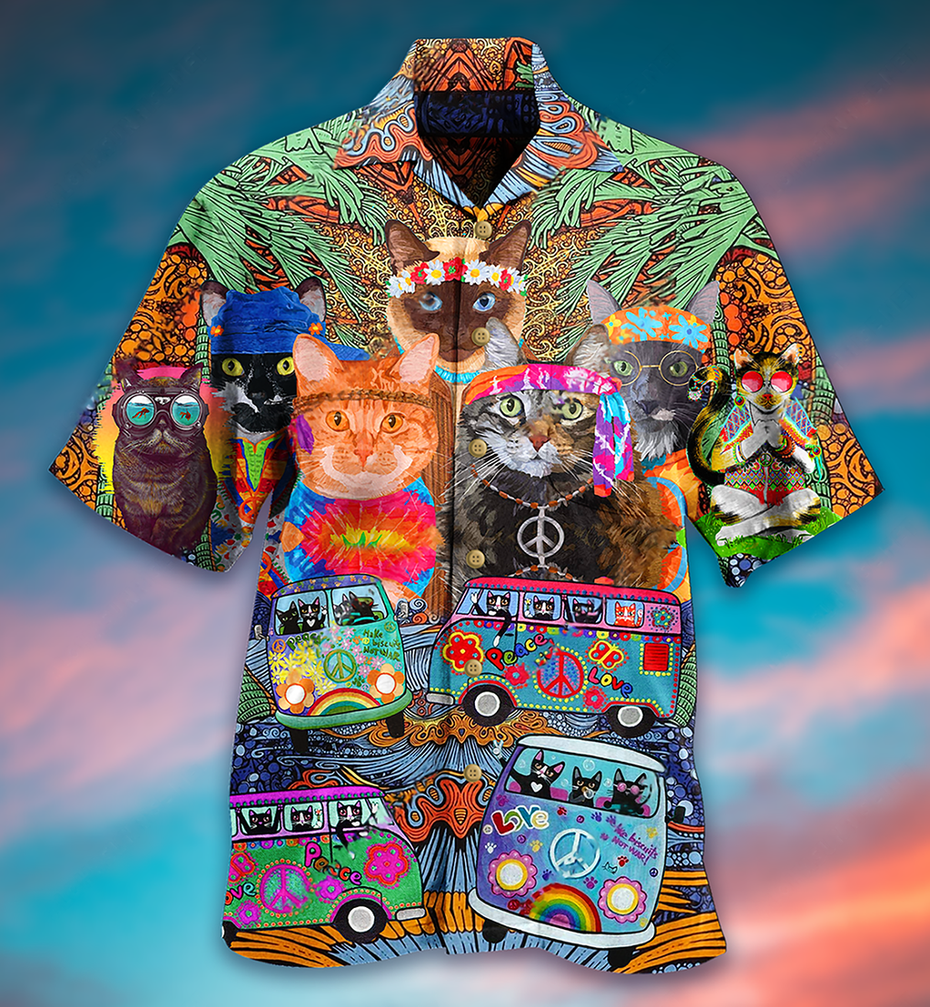 Hippie Cats Peace Love Life Color - Hawaiian Shirt
