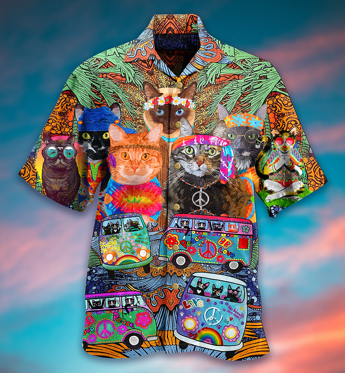 Hippie Cats Peace Love Life Color - Hawaiian Shirt