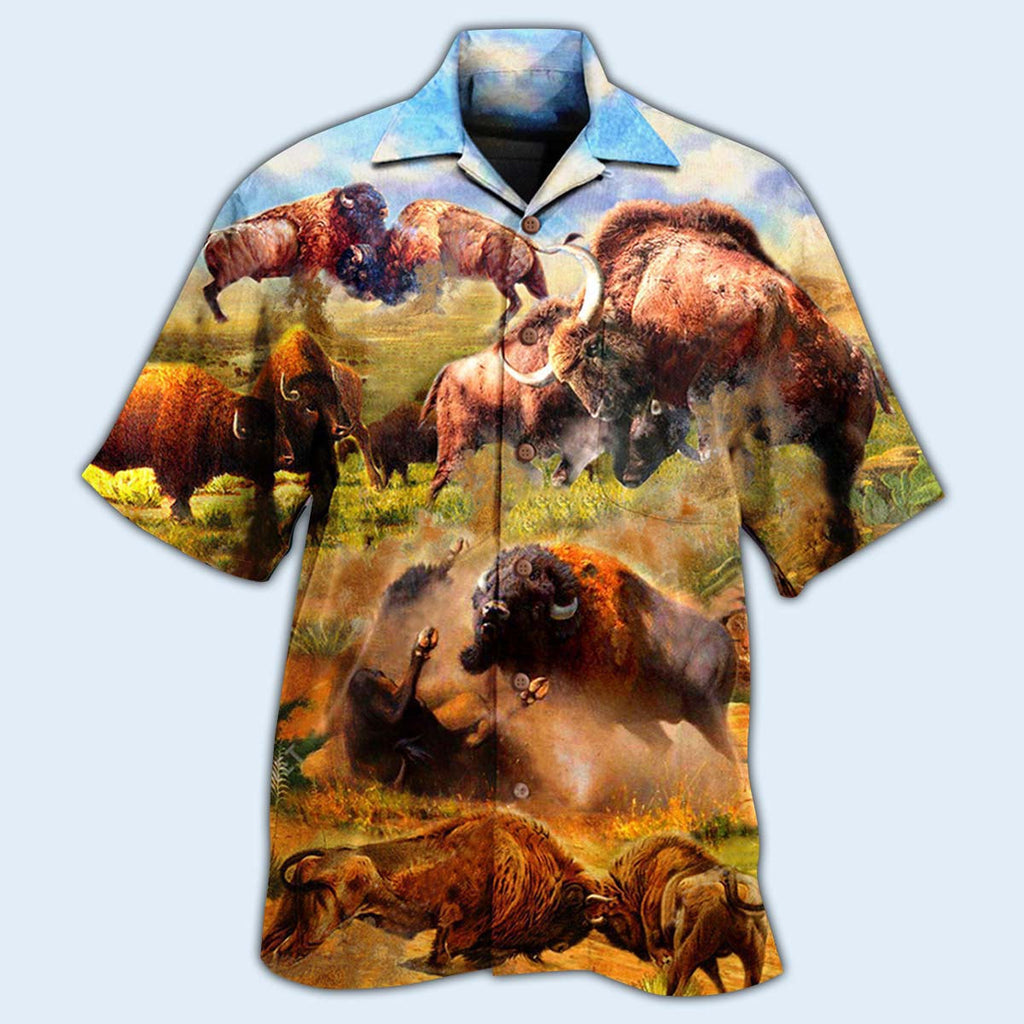 Bison Animals Bison In Wild Battle To Live - Hawaiian Shirt