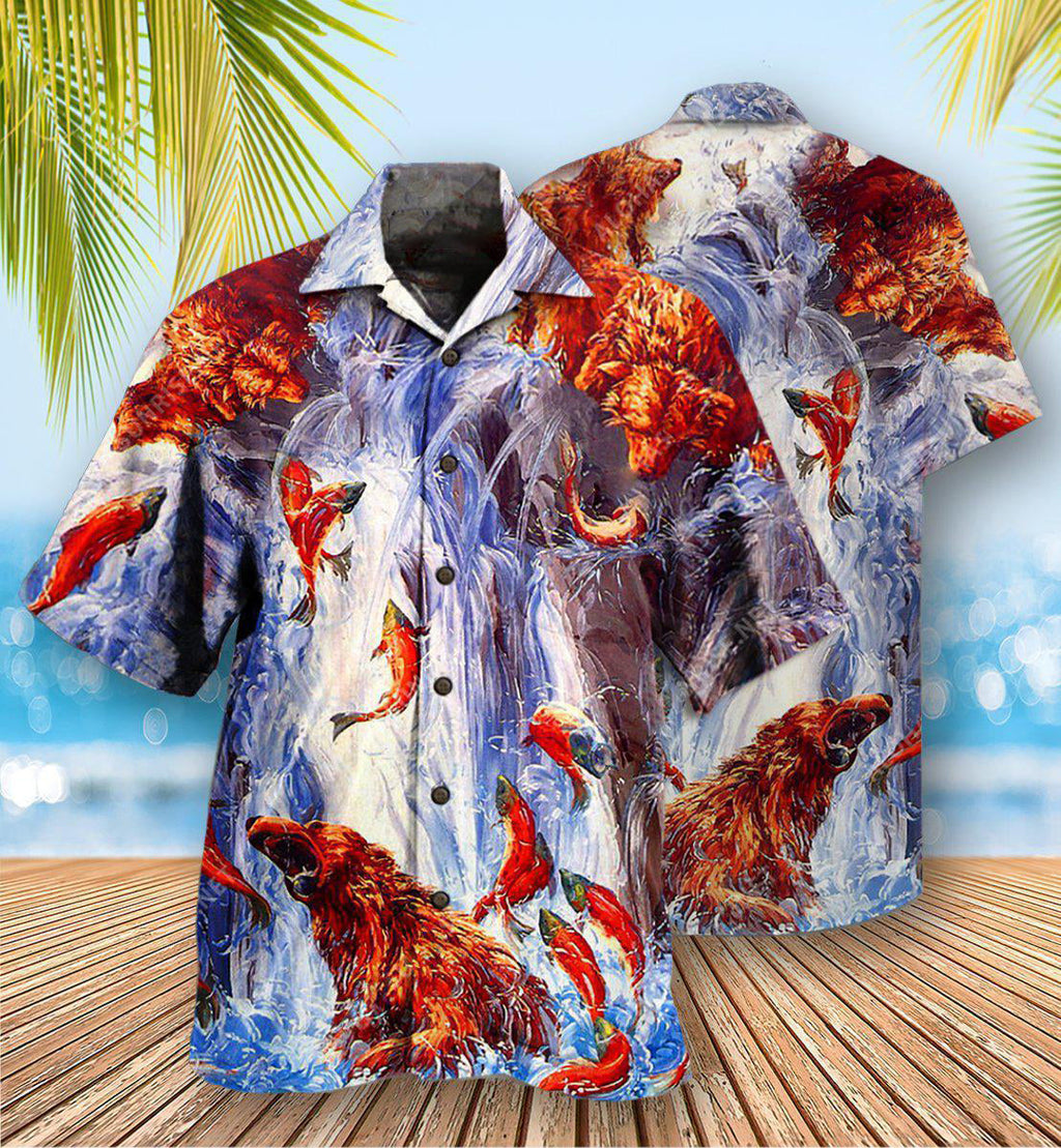 Bear Fighting And Dancing In Waterfall - Hawaiian Shirt