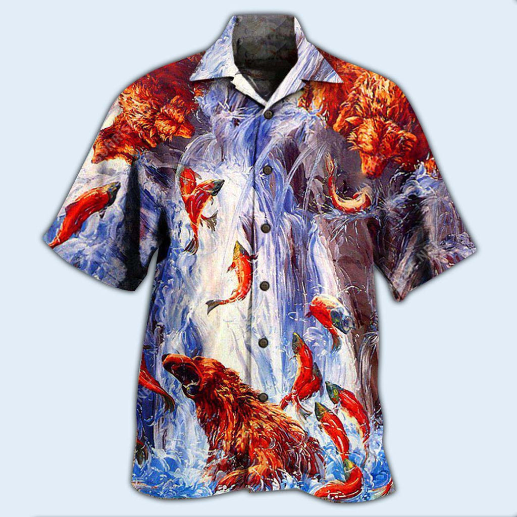 Bear Fighting And Dancing In Waterfall - Hawaiian Shirt