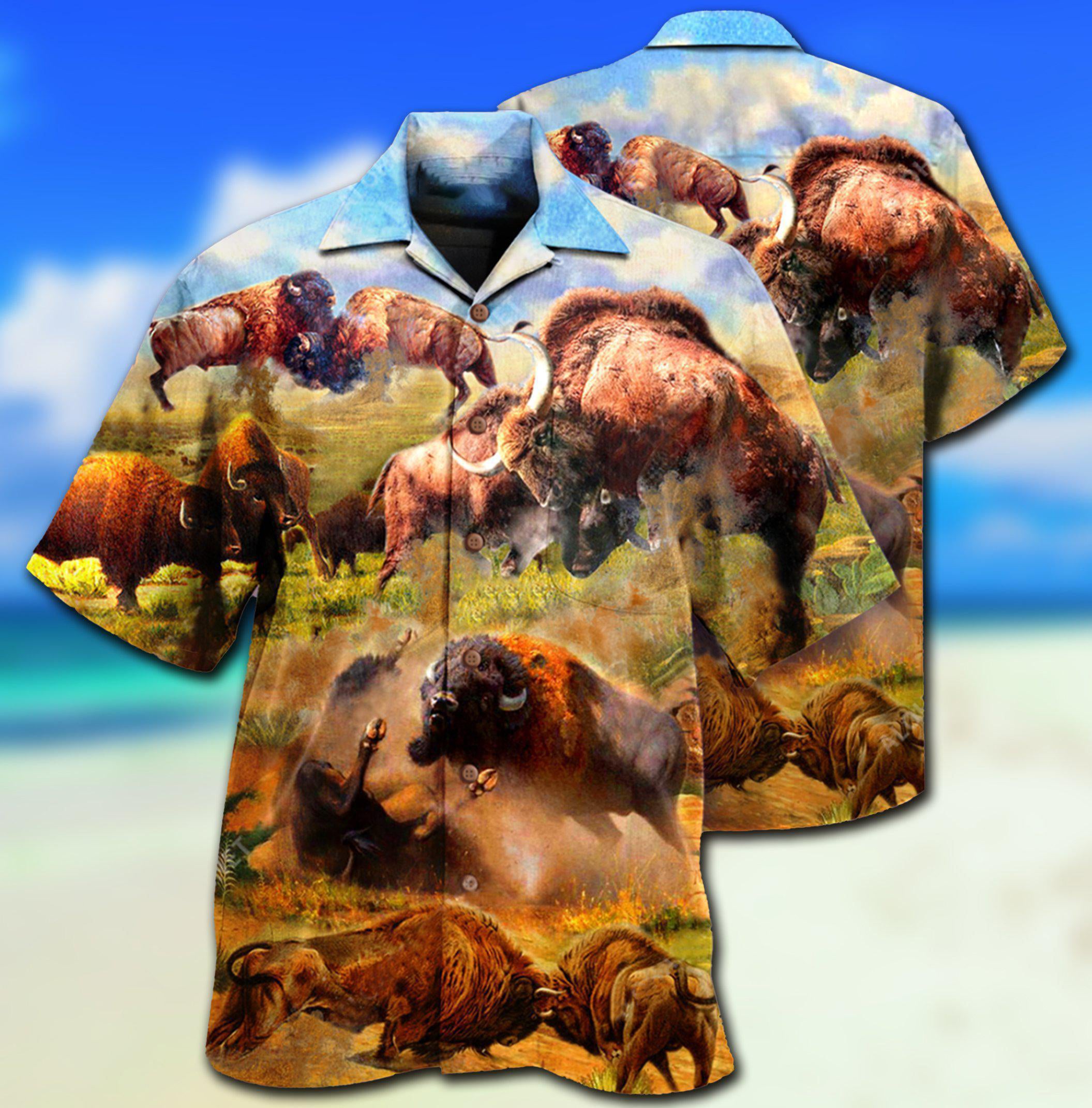 Bison Animals Bison In Wild Battle To Live - Hawaiian Shirt