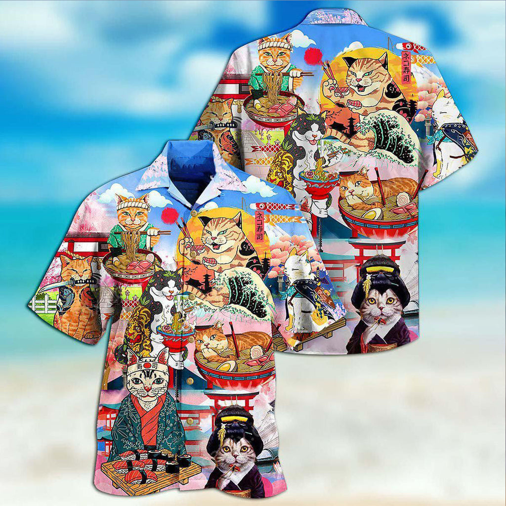 Cat Samurai With Ramen Lovely - Hawaiian Shirt