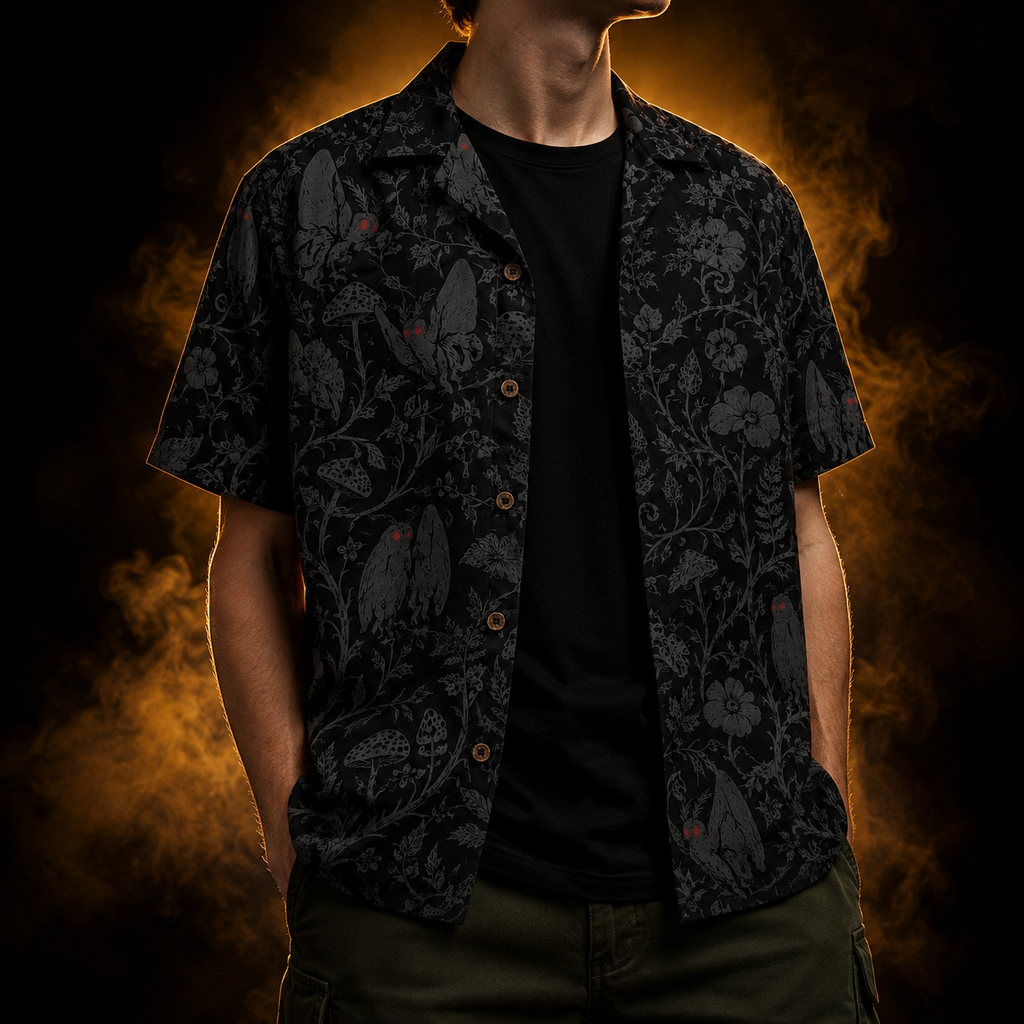 Hidden Mothman — Dark Botanical Cryptid Hawaiian Shirt