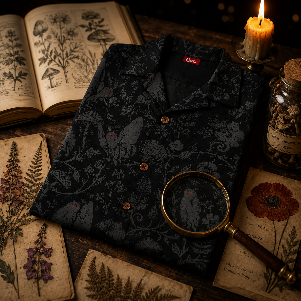 Hidden Mothman — Dark Botanical Cryptid Hawaiian Shirt