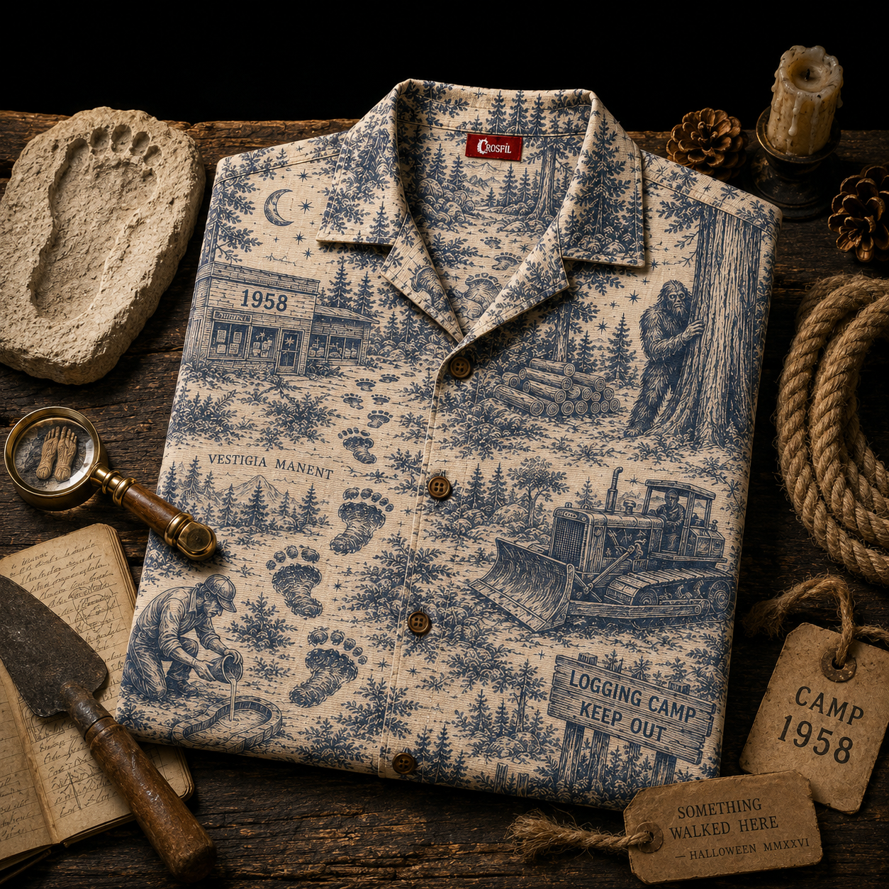 Crosfil The Footprints 1958 Hawaiian Shirt — Bigfoot Toile Print
