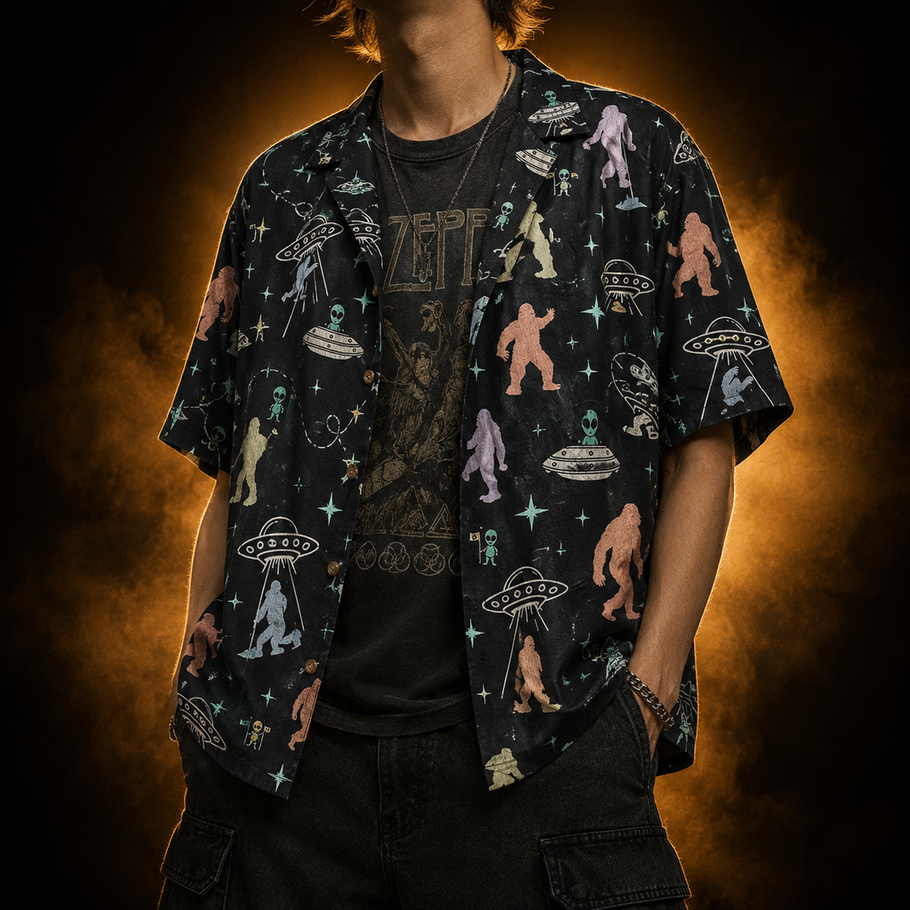 Cryptid Encounter — Bigfoot & Aliens Hawaiian Shirt