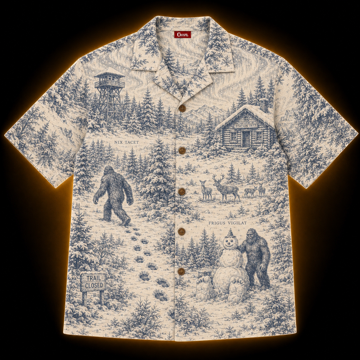 Crosfil Winter Watch 1977 Hawaiian Shirt — Snow Bigfoot Toile Print