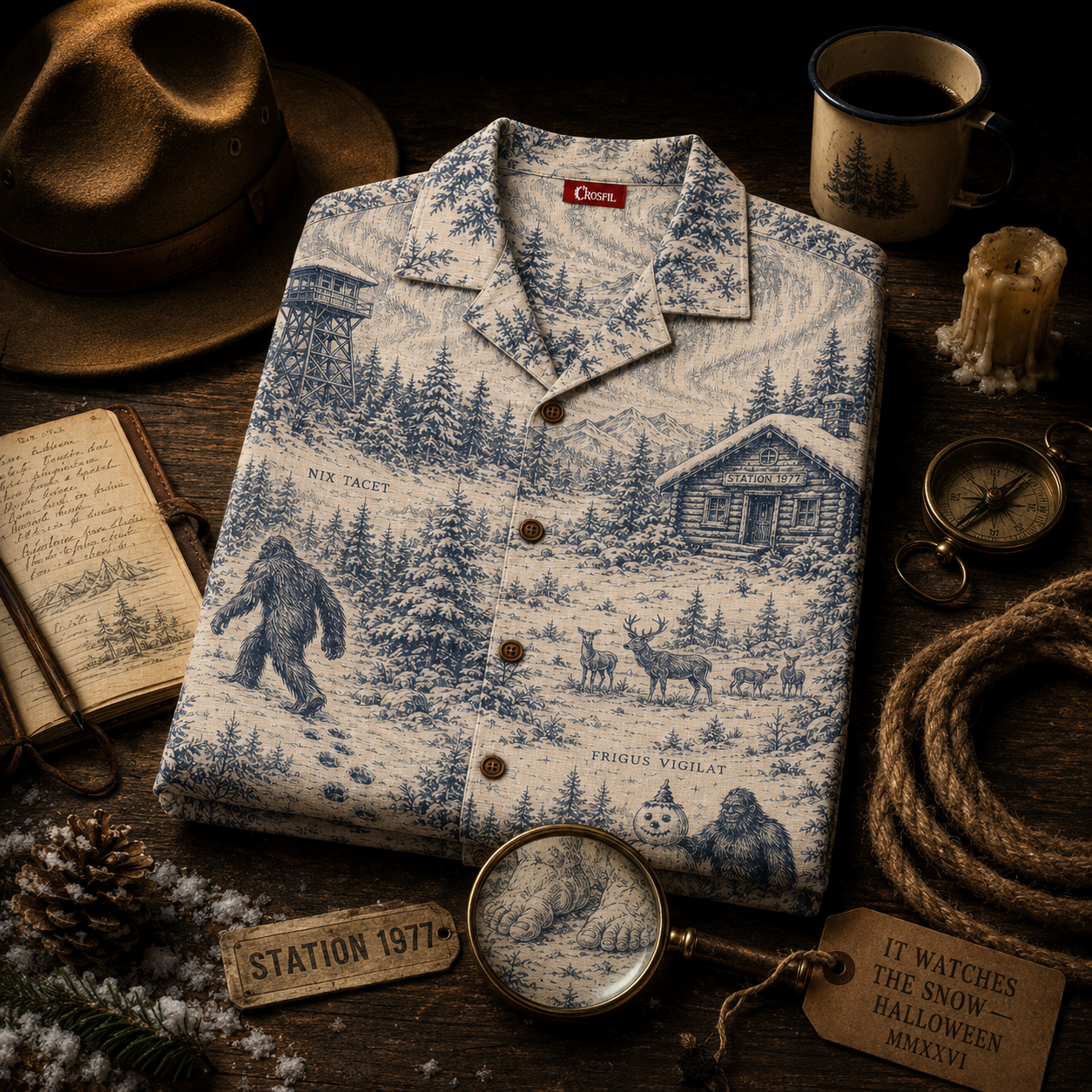 Crosfil Winter Watch 1977 Hawaiian Shirt — Snow Bigfoot Toile Print