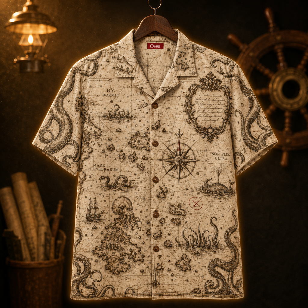 Cartographer's Warning Hawaiian Shirt — Antique Kraken Sea Chart