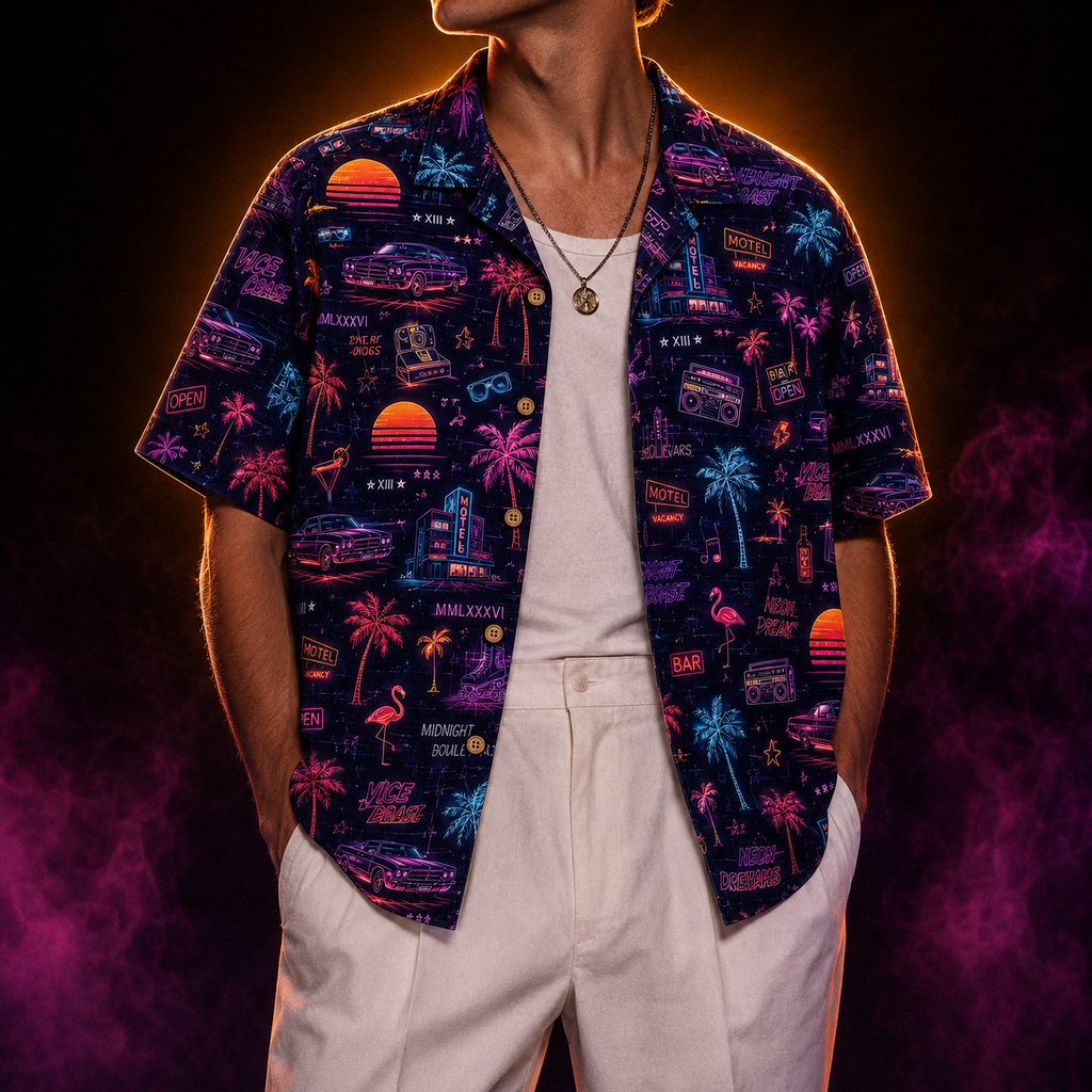 Midnight Boulevard — Neon Dreams Synthwave Hawaiian Shirt