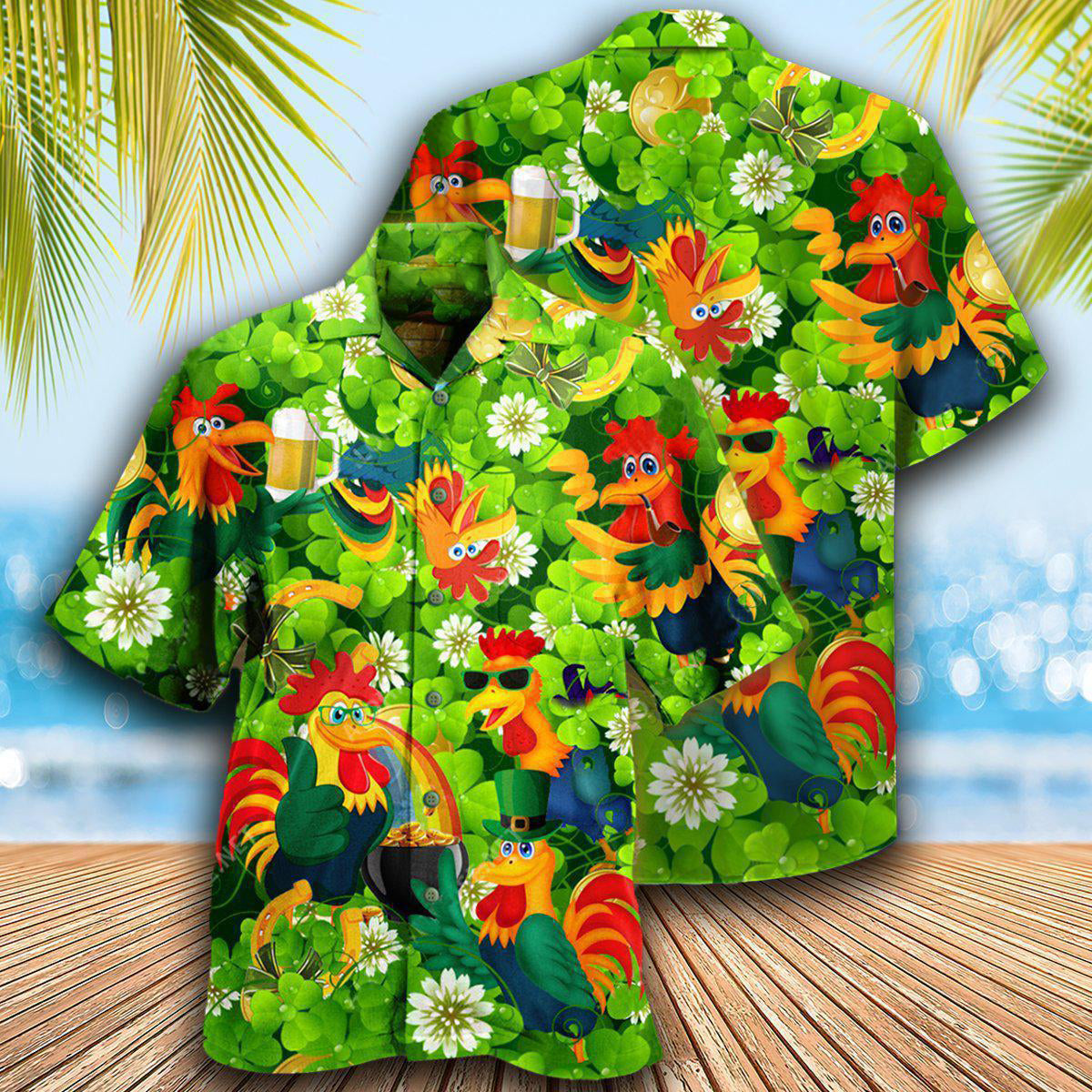 Chicken Roosters Bring Luck Shamrock - Hawaiian Shirt