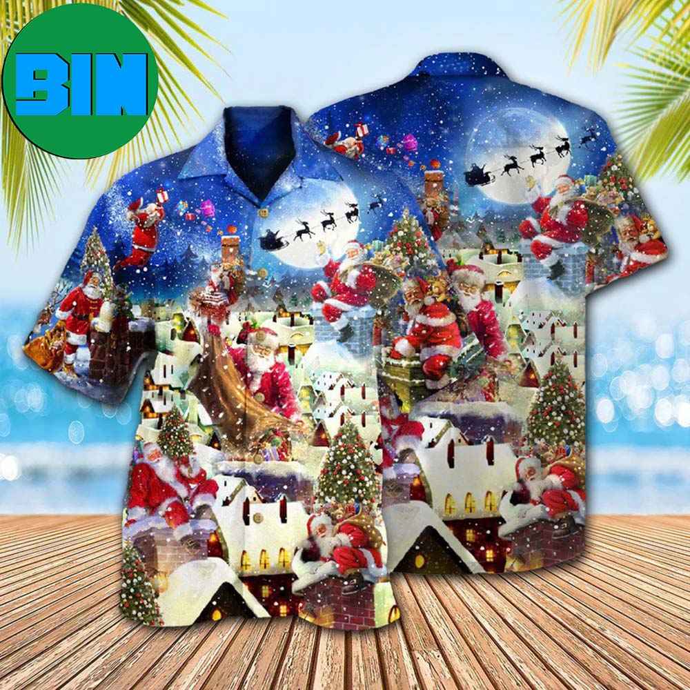 Christmas Up On Rooftop Santa's Busiest Night With Reindeer Tropical Hawaiian Shirt