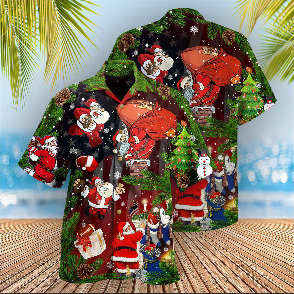 Christmas Santa Claus Is Big Fan Of American Football - Hawaiian Shirt