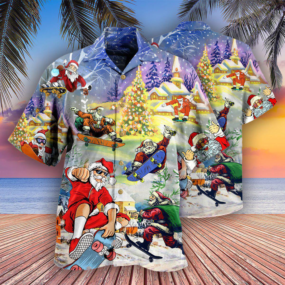 Christmas Santa Jumps On Skateboard - Hawaiian Shirt