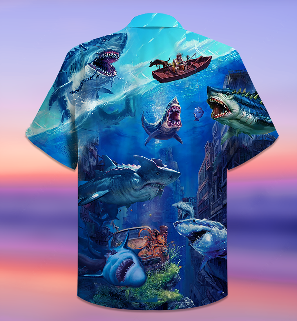 Shark Fishing Shark With Small Ship Blue Ocean - Hawaiian Shirt