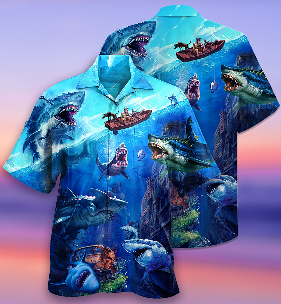 Shark Fishing Shark With Small Ship Blue Ocean - Hawaiian Shirt