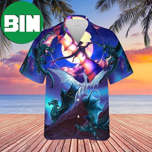 Dragon Flying In The Night Sky Summer Hawaiian Shirt