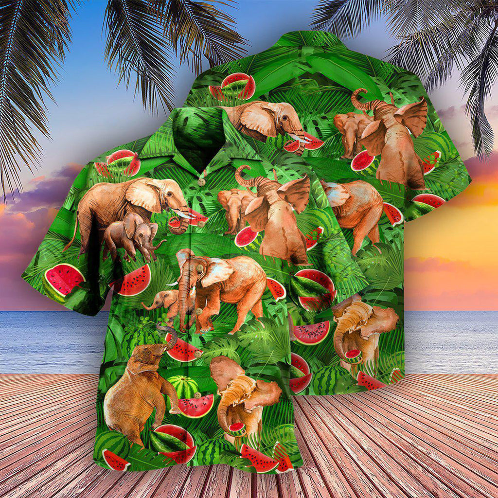 Elephant Funky Watermelon With Elephants Green Leaves - Hawaiian Shirt