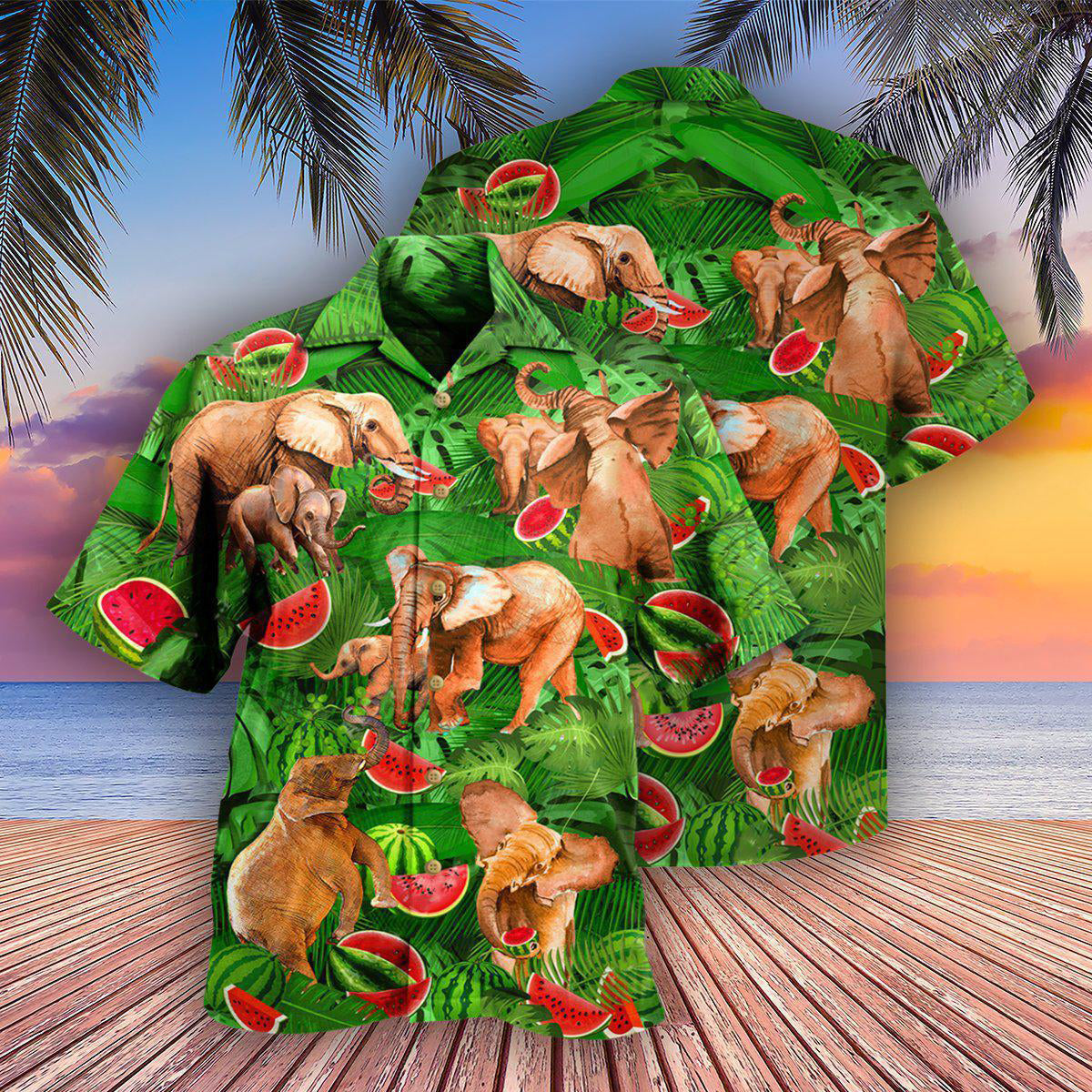 Elephant Funky Watermelon With Elephants Green Leaves - Hawaiian Shirt