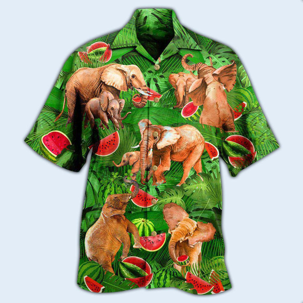 Elephant Funky Watermelon With Elephants Green Leaves - Hawaiian Shirt