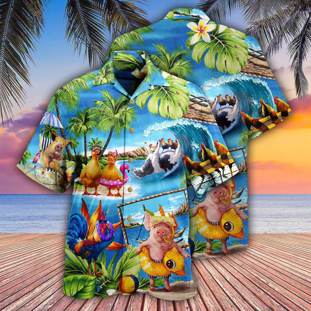Farm Animals Stay Cool Duck Chicken Pig - Hawaiian Shirt