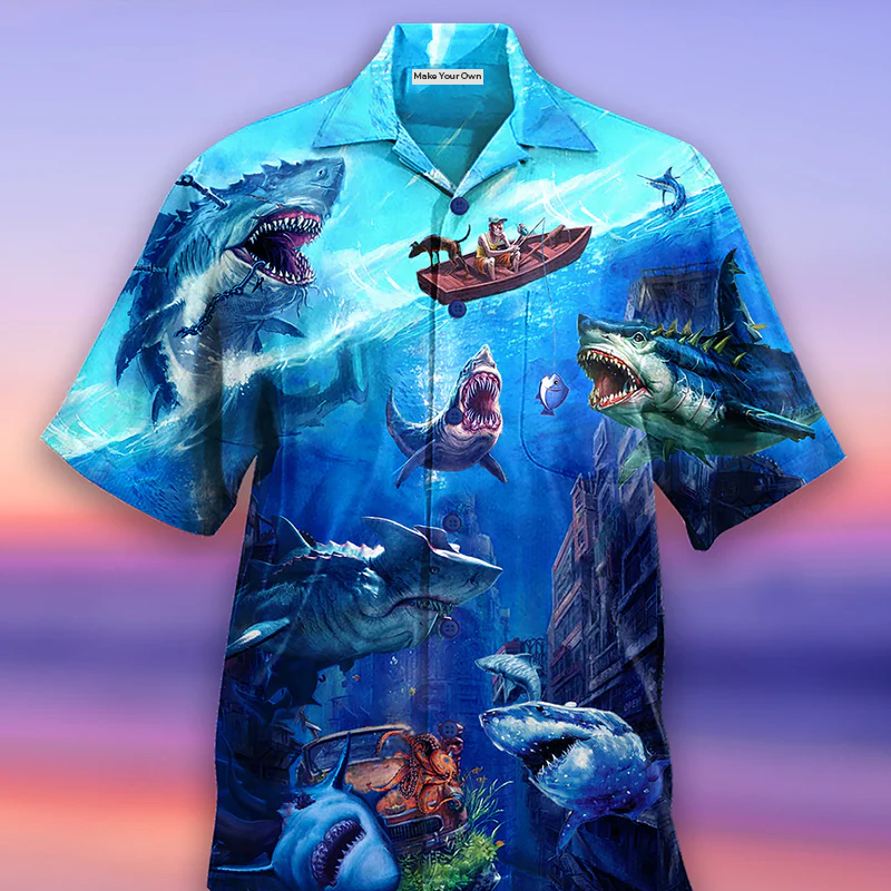 Shark Fishing Shark With Small Ship Blue Ocean - Hawaiian Shirt