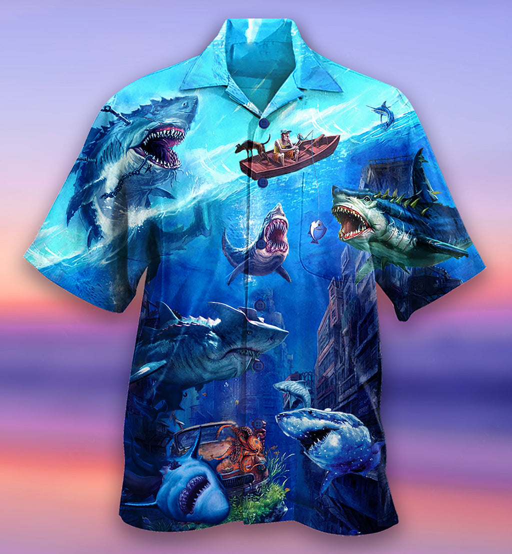 Shark Fishing Shark With Small Ship Blue Ocean - Hawaiian Shirt