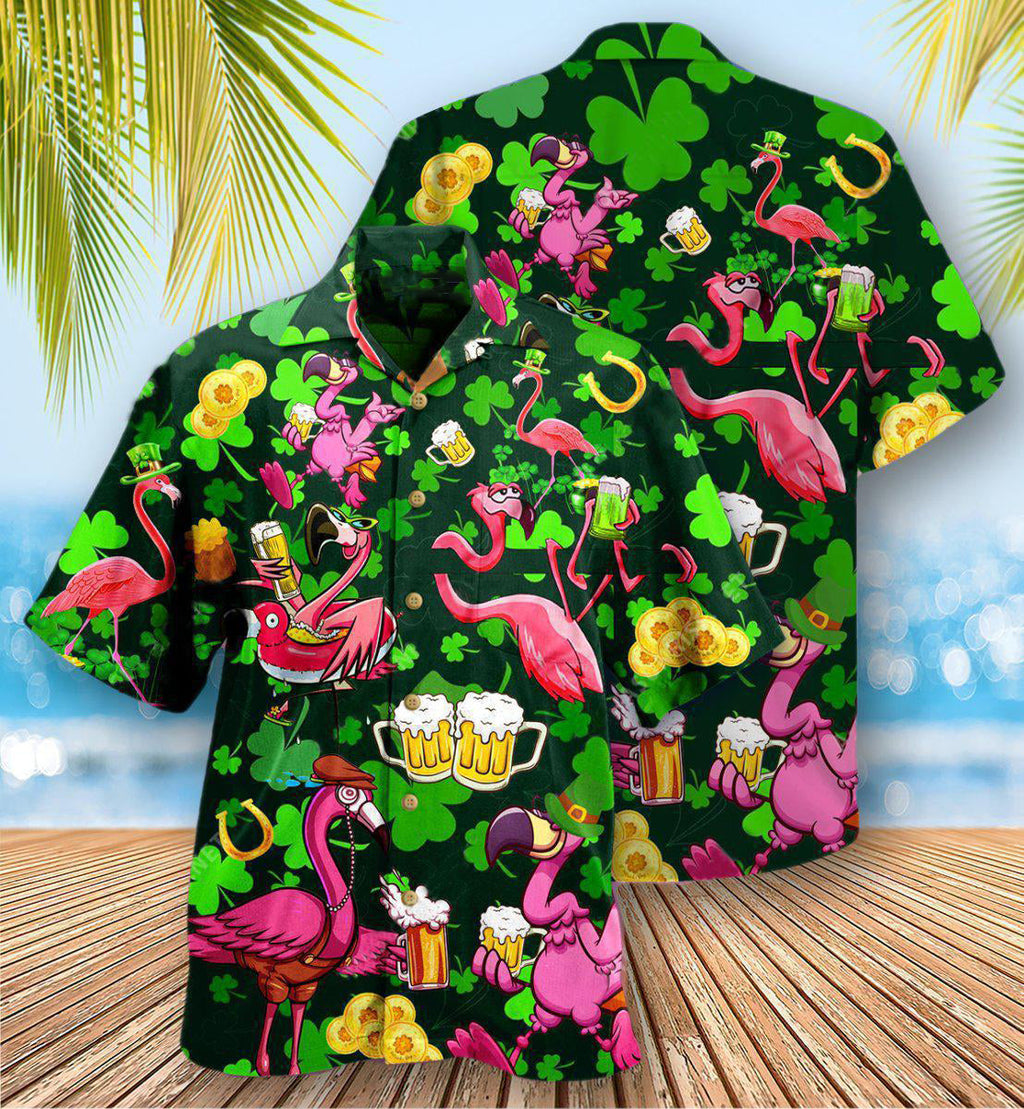 Irish Pink Flamingos Drink Beer Patricks Day Pattern - Hawaiian Shirt