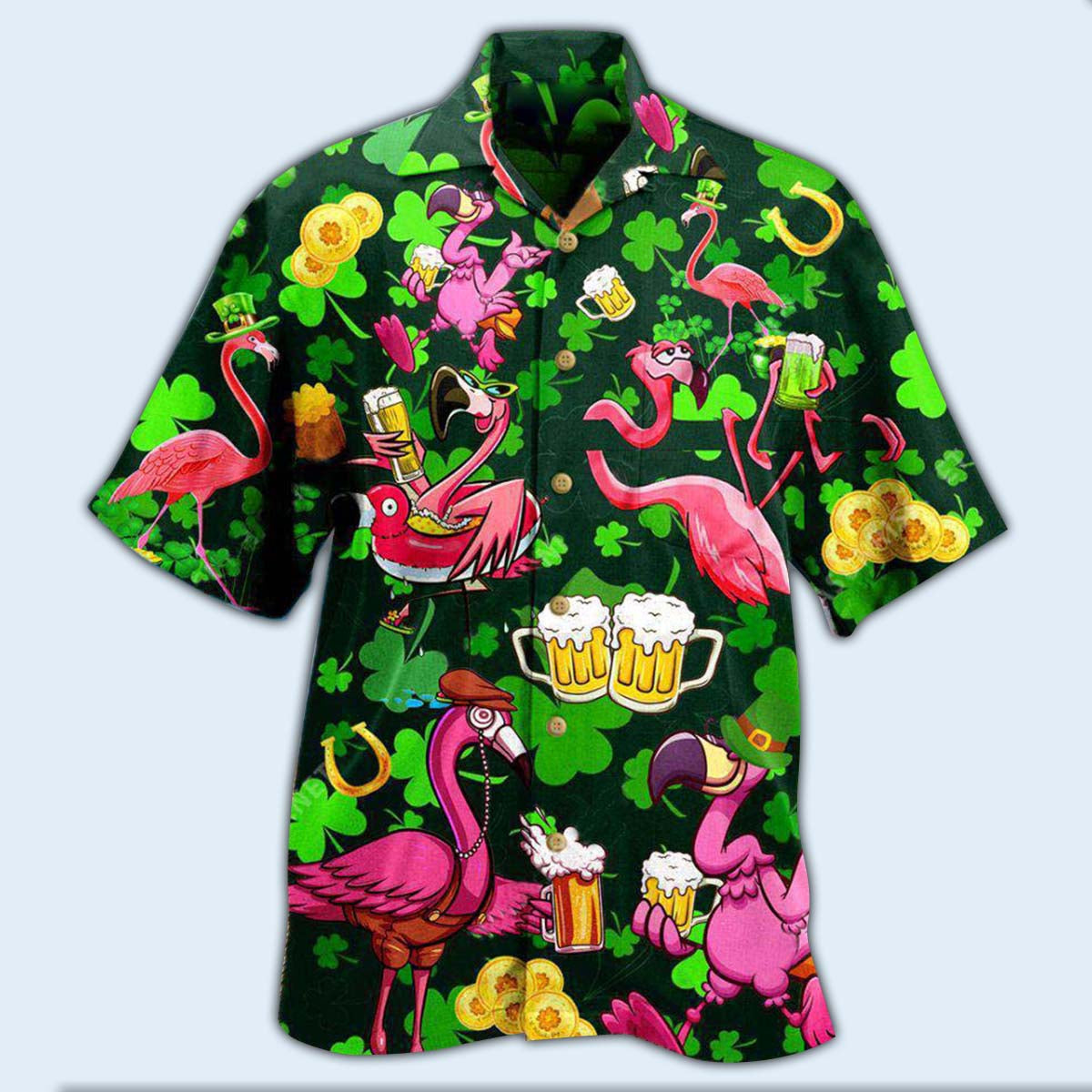 Irish Pink Flamingos Drink Beer Patricks Day Pattern - Hawaiian Shirt