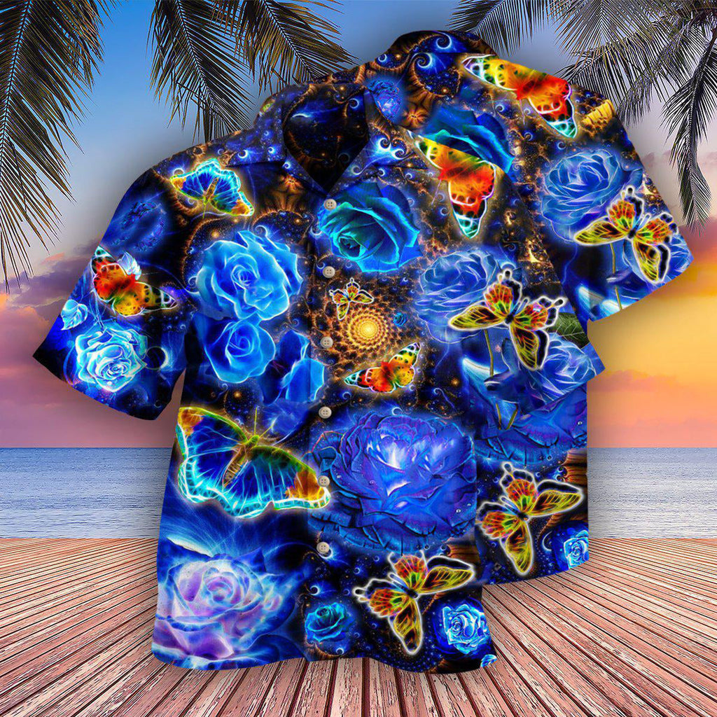 Butterfly Flower Glowing Blue Rose - Hawaiian Shirt