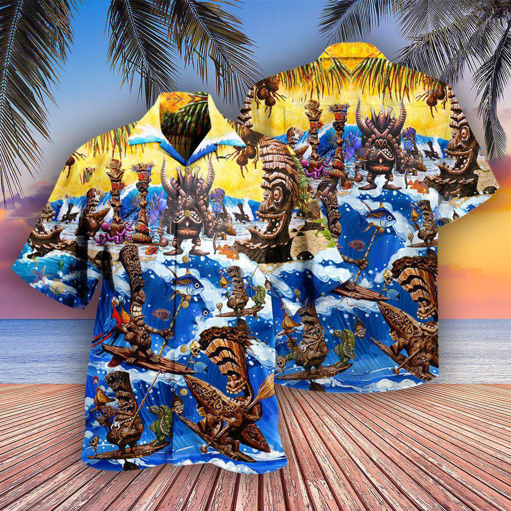 Tiki Happy Surfing Day With Tiki Bar - Hawaiian Shirt