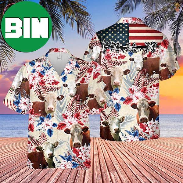 Hereford Cattle American Flag Summer Tropical Hawaiian Shirt