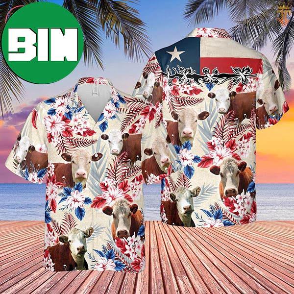 Hereford Cattle Texas Flag Summer Tropical Hawaiian Shirt