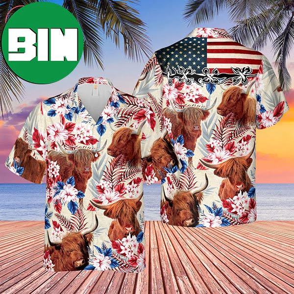 Highland Cattle American Flag Summer Tropical Hawaiian Shirt