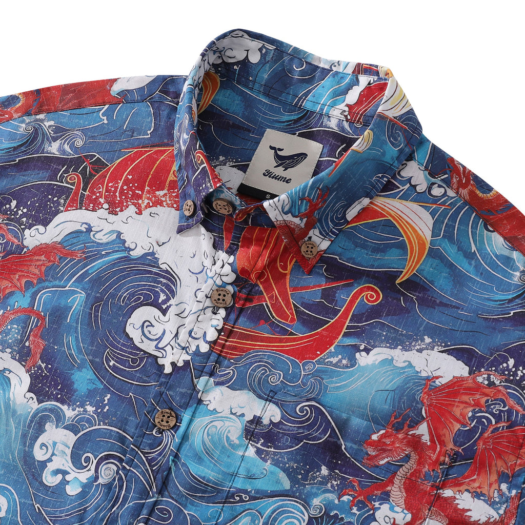 Yiume Viking Hawaiian Shirt For Men Dragon-Hunting Button-down Short Sleeve Cotton Beach Shirt Dragon-hunting Viking By Sun