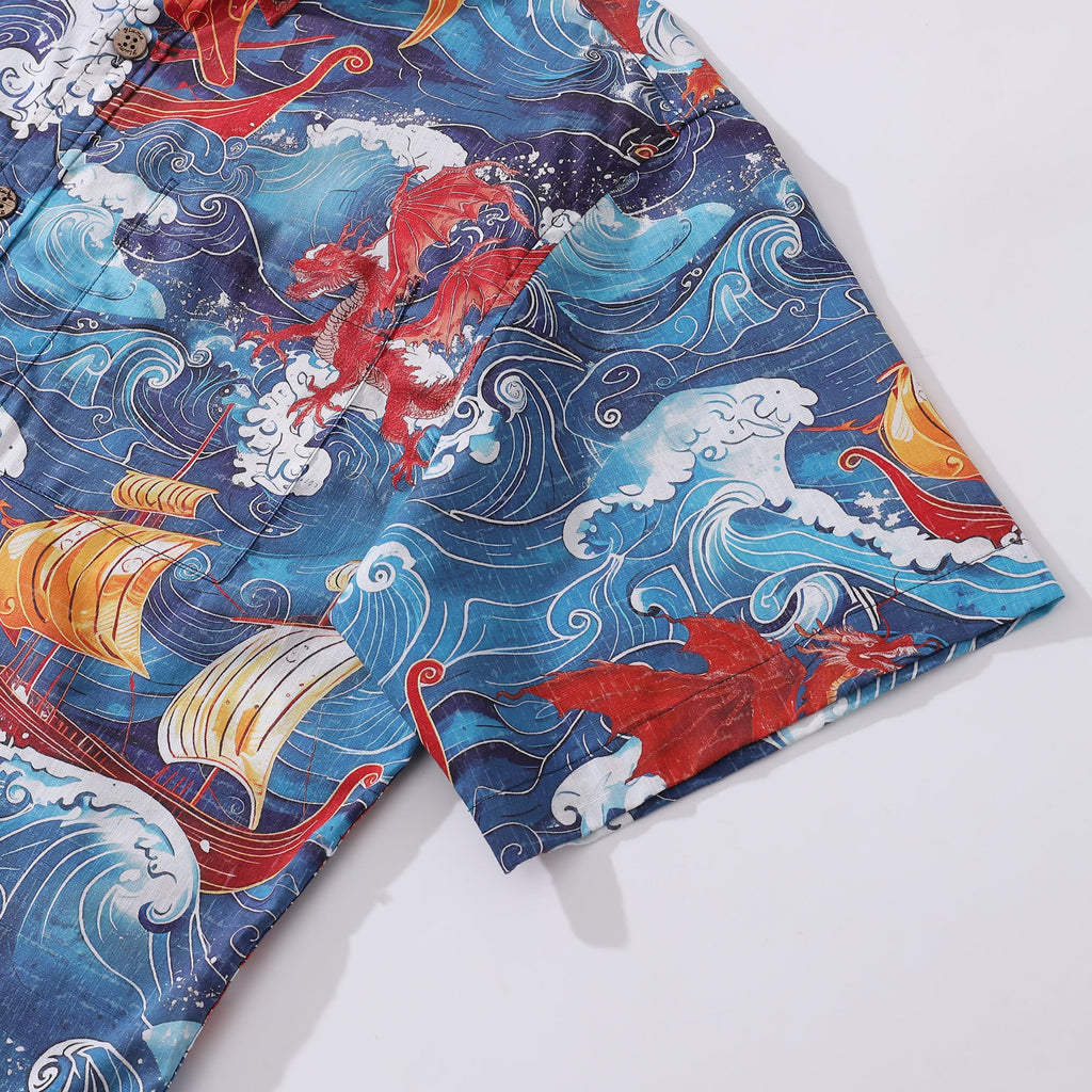 Yiume Viking Hawaiian Shirt For Men Dragon-Hunting Button-down Short Sleeve Cotton Beach Shirt Dragon-hunting Viking By Sun
