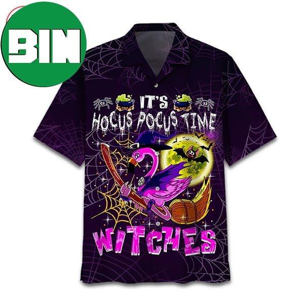 It's Hocus Pocus Time Witches Flamingo Halloween Witches Summer Hawaiian Shirt