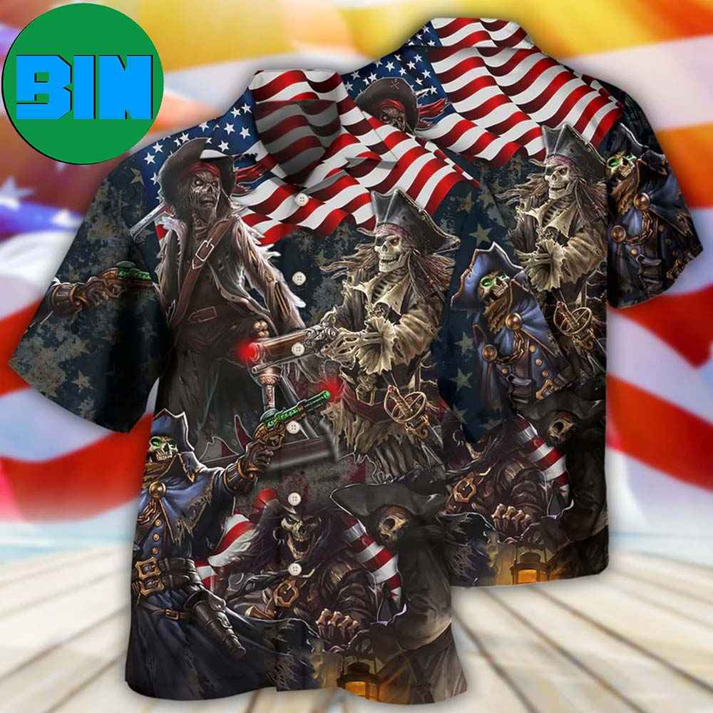 Pirate Skeleton USA Flag Independence Day Summer Hawaiian Shirt