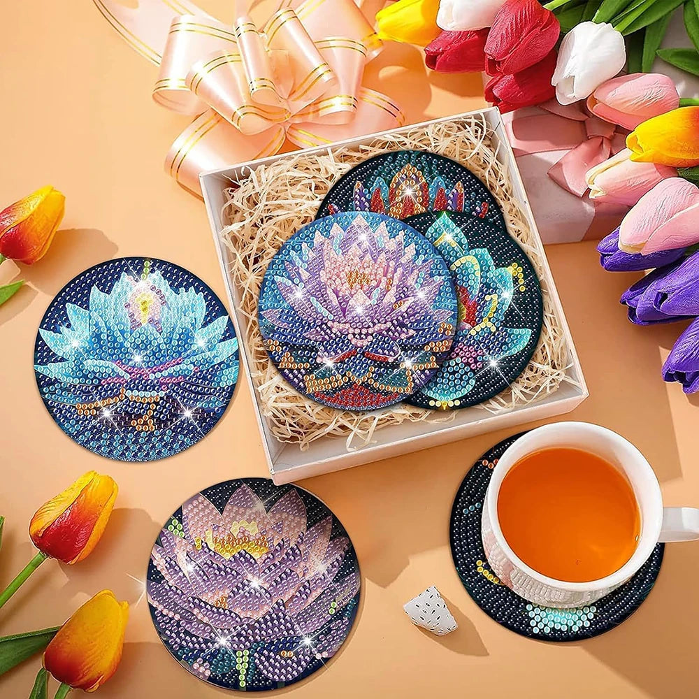 8 pieces/set Lotus Diamond Painting Coaster Set, DIY Coaster with Bracket for Beginners, Art and Craft Supplies Gift