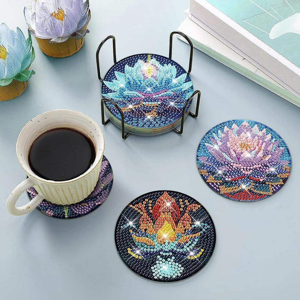 8 pieces/set Lotus Diamond Painting Coaster Set, DIY Coaster with Bracket for Beginners, Art and Craft Supplies Gift
