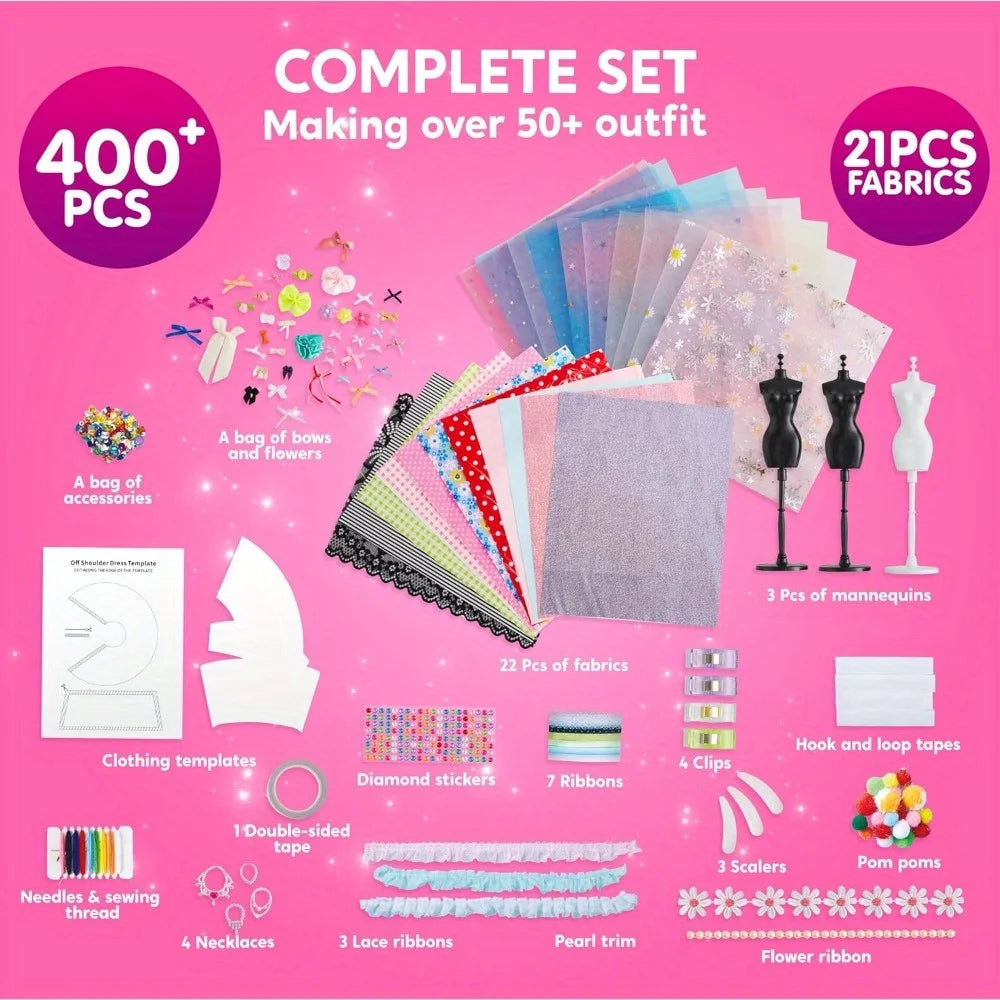 JOYFY 400+PCS Fashion Design Crafts for Kids Art and Crafts DIY Sewing Kits with 3 Mannequins for Girls Aged 8-12 Birthday Gift