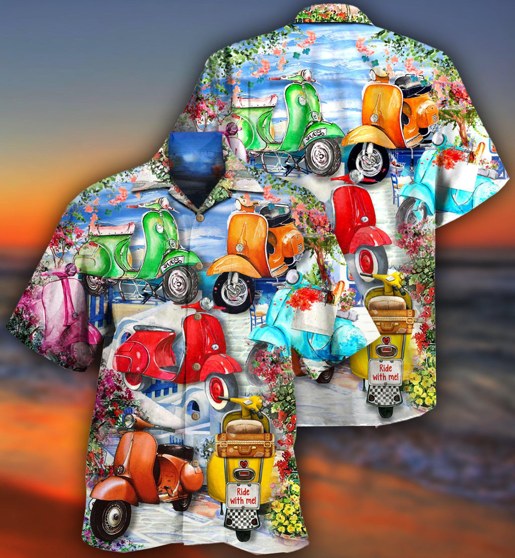 Scooter Chill With Your Scooters By Greece Beach With Flower- Hawaiian Shirt