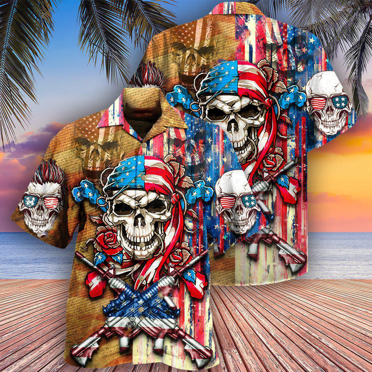 Skull Patriotic Flower America - Hawaiian Shirt