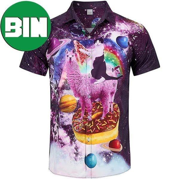 Space Pizaa Cat Riding Donuts Llama Funny Summer Hawaiian Shirt