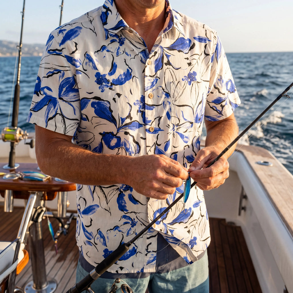 LeosWare® Men's Hawaiian Shirt Short Sleeve Button-up 100% Cotton Blue Aloha Indigo Blossoms Brushstroke By Huan huan