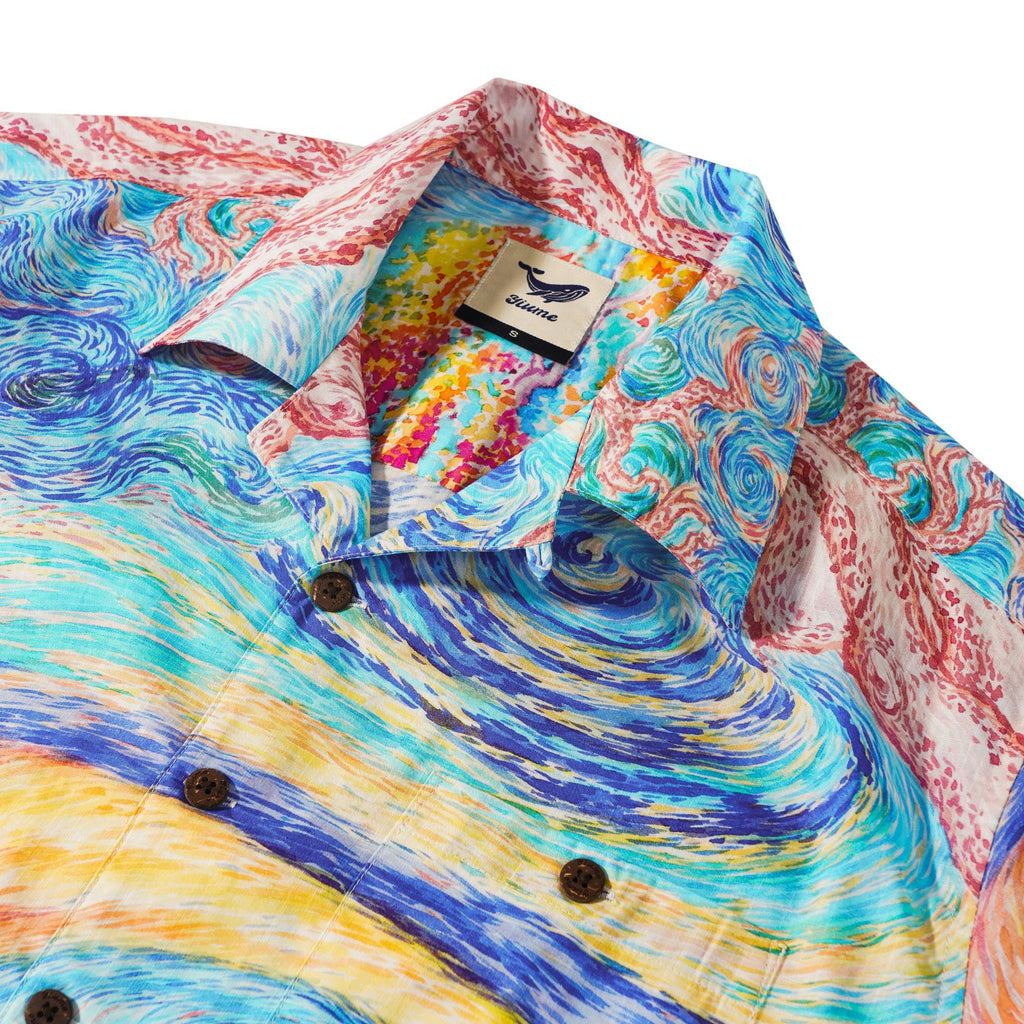 Men's Hawaiian Shirt Short Sleeve Camp Collar 100% Cotton Blue Aloha Vision in the Starry Night By Sylvia